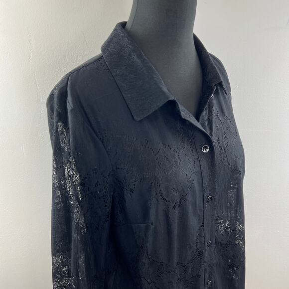 CABI St. Regis Black Blouse Floral Sheer Lace Collared Button-Up Size Medium M - Picture 7 of 11